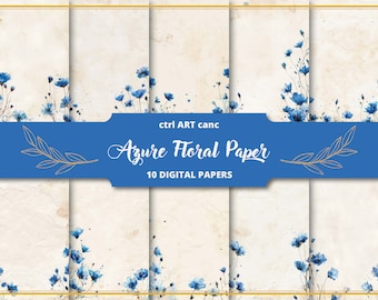 Blue Floral Paper: Junk Journal Kit, Printable Scrapbook (Digital Download)