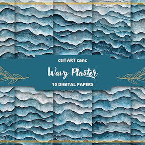 May include: A set of 10 digital papers featuring a wavy plaster texture in shades of blue and white. The papers are perfect for creating backgrounds, patterns, and other creative projects. ctrl ART canc Wavy Plaster 10 DIGITAL PAPERS