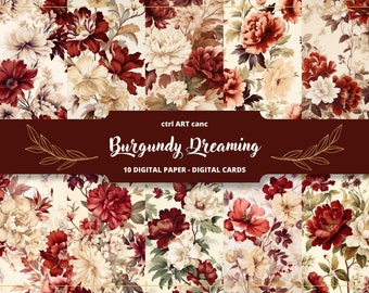 Burgundy Floral Digital Paper: Junk Journal Scrapbook (JPEG Files)