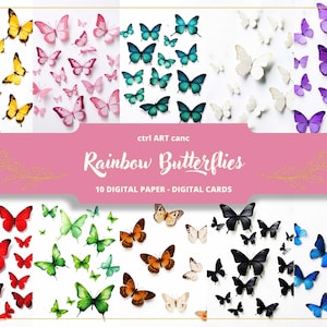 Puede incluir: Diez papeles digitales con ilustraciones de mariposas de colores. Cada papel presenta una mariposa de un color diferente, incluyendo amarillo, rosa, azul verdoso, blanco, morado, rojo, verde, naranja, negro y azul.