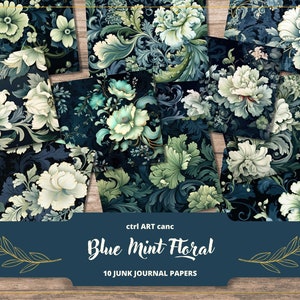Blue Floral Junk Journal Kit Printable Floral Paper Blue Paper for Scrapbook Paper Printable Blue Journal Background Paper Scrapbook Kit