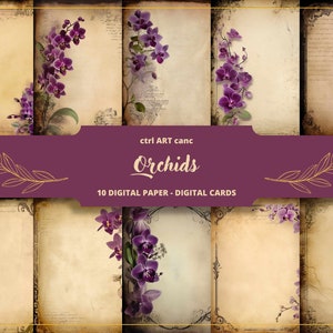 10 Diario basura de orquídeas, papel digital de flores de orquídeas, página de diario, orquídea, papel de carta, scrapbooking de flores, collage, diario basura