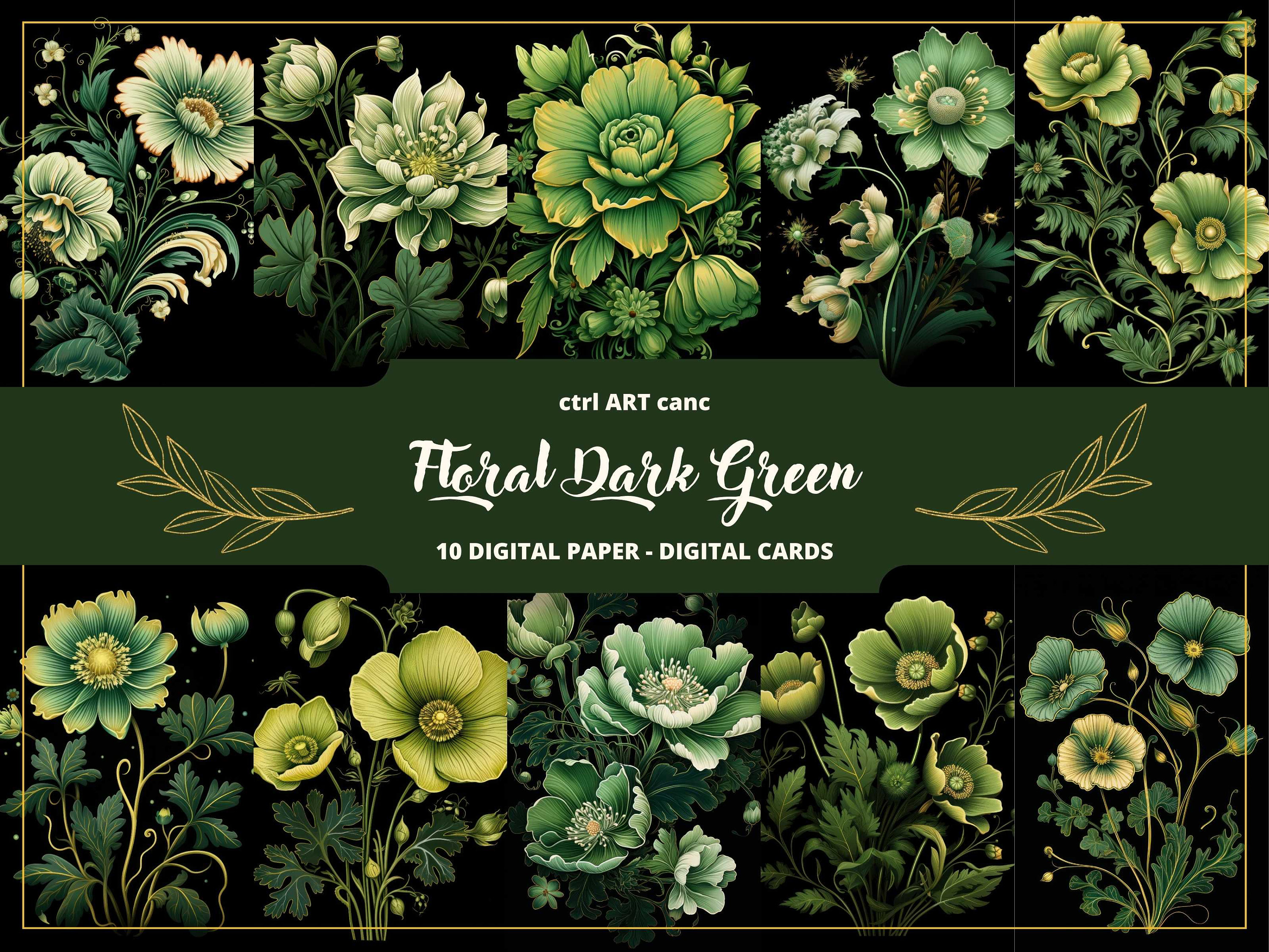 Dark Green Flowers Image Dark Green Digital Paper Dark Floral