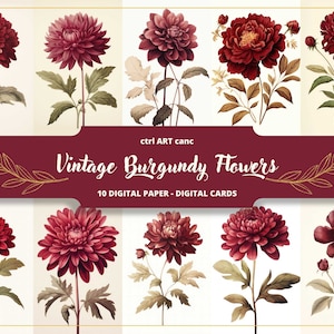 Immagine di fiori di Borgogna Carta digitale Borgogna Effimera floreale stampabile di Borgogna Fiore di William Morris stampabile Stampabile vintage di Borgogna