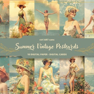 10 Sommer-Vintage-Postkarten, Vintage-Digitalpapier, alte Postkarten, Junk-Journal-Papier, Ephemera, Scrapbook, Collage, Junk-Journal-Kit