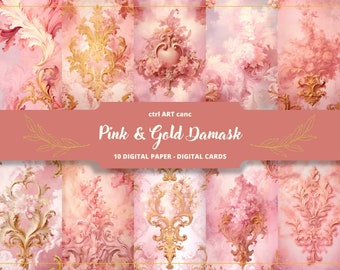 Pink & Gold Damask Paper: Tattered Printable Ephemera (Digital Download)