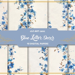 Blue Floral Paper Digital Kit for Junk Journal Paper for Scrapbook Kit Blue Floral Illustration Watercolor Floral Junk Journal Kit Blue Kit