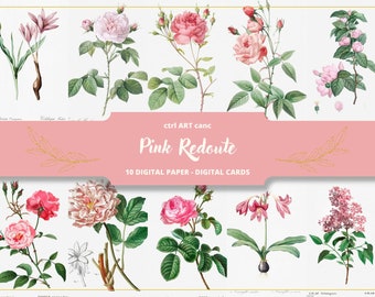 Könnte beinhalten: Digitales Papier-Set mit Vintage-Illustrationen von rosa Rosen und anderen Blumen. Das Bild enthält ein rosa Banner mit dem Text "Pink Redoute" und "10 Digital Paper - Digital Cards". Die Illustrationen sind im Vintage-Stil gehalten.