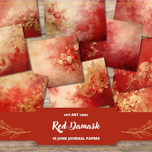 Red Journal Paper Junk Journal Paper Red Damask Printable Paper for Scrapbook Background Red Paper Journal Digital Paper Scrapbook Paper
