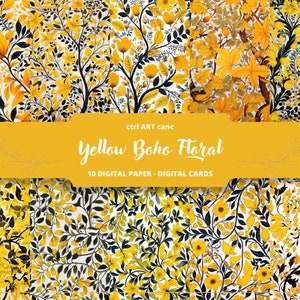 Giallo Boho floreale stampabile, carta floreale gialla Boho, kit diario, pagine di diario, scrapbooking, forniture per diario spazzatura, effimeri