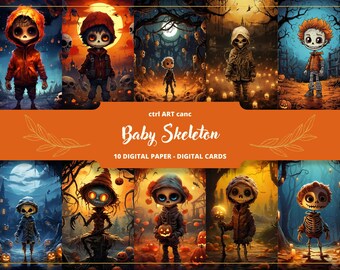 Halloween Baby Skeleton Junk Journal Papel digital, Papel de invitación de Halloween, Papel de diario, Diario basura, Papel antiguo, Scrapbooking