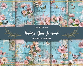 Blue Floral Junk Journal Kit: Printable Scrapbook Paper (Digital Download)