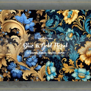 Blue &amp; Gold Floral Printable, Blue and Gold Paper, Journal Kit, Journal ...