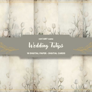 Papel digital de tulipanes de boda, papel de invitación floral blanco, papel digital, papel antiguo, papel de carta, scrapbooking, collage, diario basura