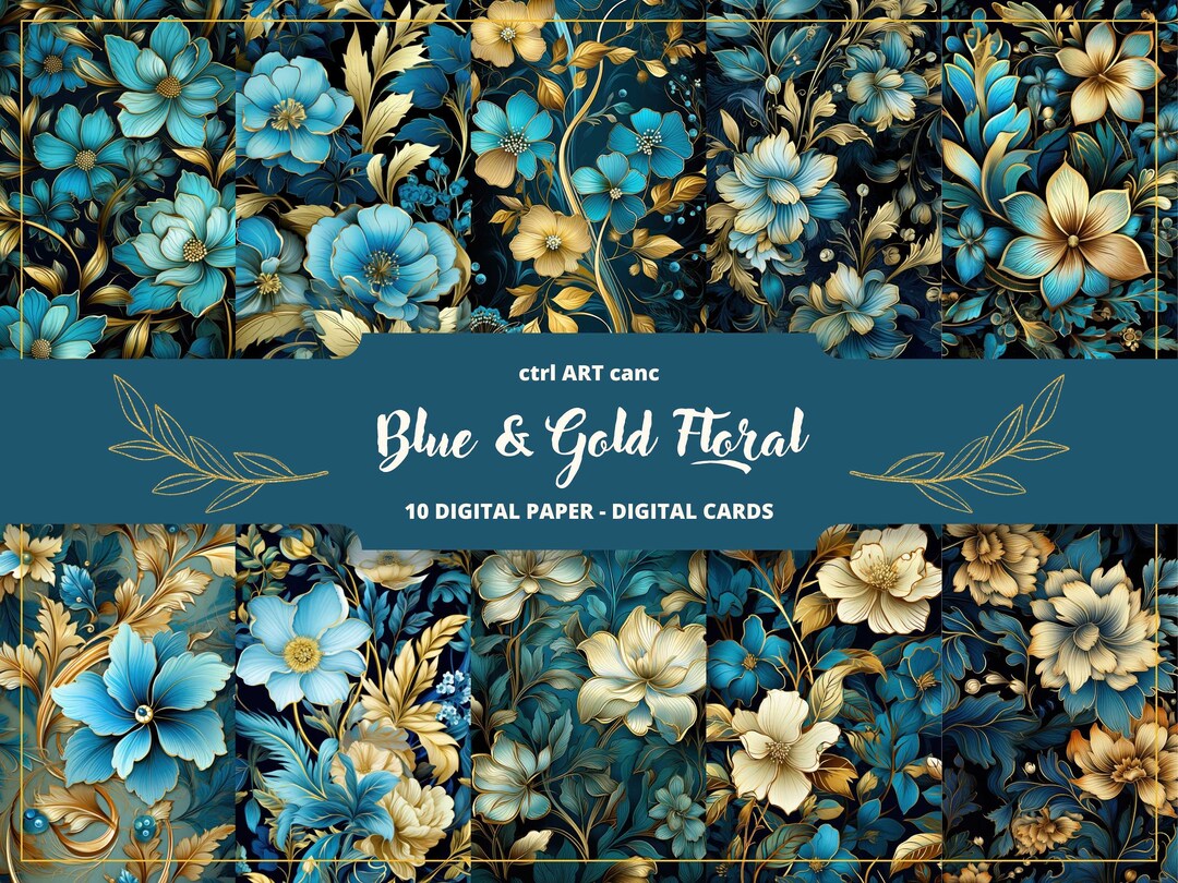 Blue Gold Floral Digital Paper: Elegant Scrapbook Background (digital ...
