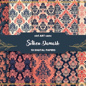 Blue Damask Digital Paper Damask Printable Paper Damask Pattern Damask Background Damask Texture Damask Decor Journal Kit Scrapbook Kit