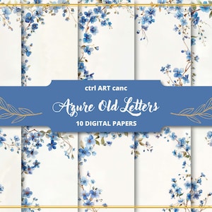 Kit de cartas florales de papel de carta azul Fondo de acuarela azul Diseño de fondo floral Decoración floral Páginas de decoración azul Kit de diario basura
