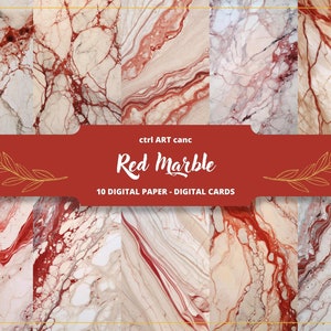 May include: Digital paper pack featuring 10 red marble patterns. The patterns are abstract and resemble swirls of red and white paint. The text "ctrl ART canc Red Marble 10 DIGITAL PAPER - DIGITAL CARDS" is displayed on a red banner.