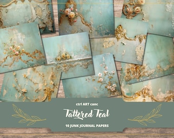 Tattered Teal Junk Journal Paper: Shabby Chic Printable (Digital Download)