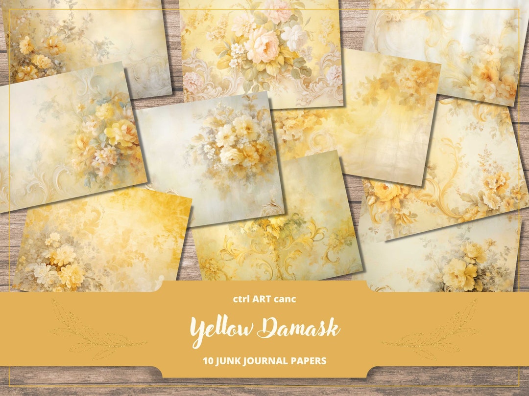 Yellow Journal Paper Junk Journal Paper Yellow Damask Printable Paper