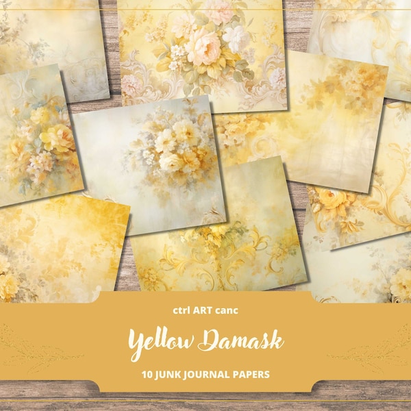 Yellow Journal Paper Junk Journal Paper Yellow Damask Printable Paper for Scrapbook Background Yellow Paper Journal Digital Paper Scrapbook