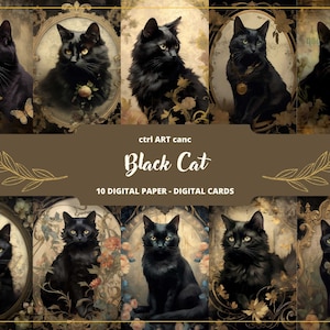 Chat noir à imprimer, papier numérique chat noir, occulte, wicca, kit de journal indésirable, pages de journal, scrapbooking, fournitures pour journaux indésirables, éphémères