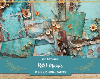 Floral Teal Journal Kit: Lace & Collage Scrapbook Paper (Digital)