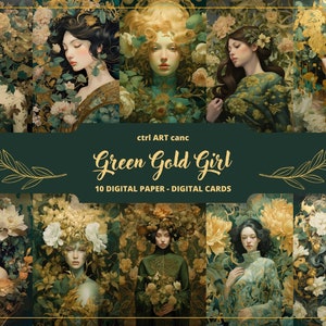 Ragazza floreale verde e oro stampabile, carta verde e oro, kit diario, pagine di diario, scrapbooking, forniture di diario, diario spazzatura, effimera