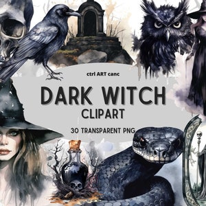 K&ouml;nnte beinhalten: Ein digitaler Clipart-Satz mit 30 Bildern zum Thema dunkle Hexe. Die Bilder beinhalten eine Hexe, einen Sch&auml;del, einen Raben, eine Eule, eine Schlange, eine Zaubertrankflasche, eine Kr&ouml;te, eine Ratte, einen Grabstein und einen Sensenmann. Die Bilder sind im Aquarellstil gehalten und haben eine dunkle und geheimnisvolle Atmosph&auml;re.