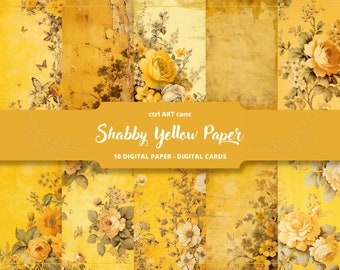 May include: A digital paper pack with 10 floral patterns in shades of yellow, featuring vintage-inspired designs with a shabby chic aesthetic. The text "Shabby Yellow Paper" is displayed on a banner.