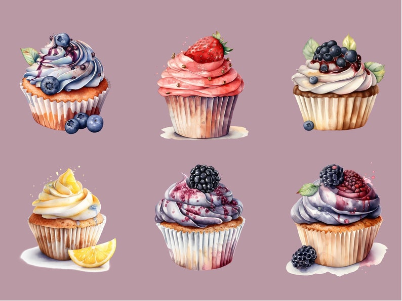 30 Fruit Cupcake Clipart Watercolor Cupcake Cupcake Etsy