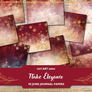 May include: Ten digital papers featuring a watercolour background with gold glitter and snowflakes. The papers are designed for junk journaling.