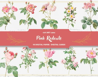 Könnte beinhalten: Ein digitales Papierpaket mit 10 Illustrationen von rosa Rosen. Die Illustrationen sind im Vintage-Stil gehalten und perfekt für Scrapbooking, Kartenherstellung und andere Bastelprojekte. Der Text "Pink Redoute" ist auf einem roten Banner dargestellt.