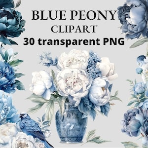 30 blaue Pfingstrose Clipart, Aquarell Peonia, Pfingstrosen Clipart, Blumen Clipart, blau, Blume PNG, Junk Journal, transparentes PNG, PNG Bundle