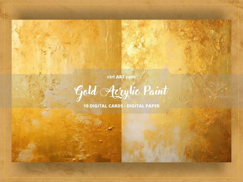 May include: Four digital paper textures in gold and white acrylic paint. The textures are abstract and resemble brushstrokes. The text "Gold Acrylic Paint" is in the center of the image. The text "10 DIGITAL CARDS - DIGITAL PAPER" is below the main text.