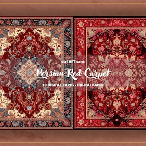 May include: Two red Persian carpets with intricate floral patterns. The text "Persian Red Carpet" and "10 Digital Cards - Digital Paper" is displayed on the image.