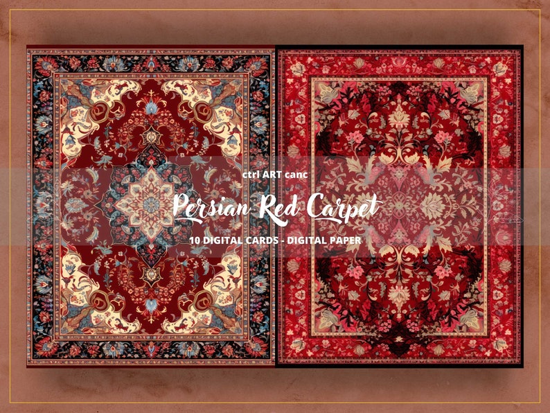 May include: Two red Persian carpets with intricate floral patterns. The text "Persian Red Carpet" and "10 Digital Cards - Digital Paper" is displayed on the image.