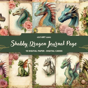 10 Shabby Dragon Journal, Rose Dragons Flowers Digital Paper, Journal Page, Rose, Letter Paper, Dragon Scrapbooking, Collage, Junk Journal