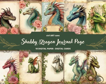May include: Ten digital papers and cards featuring whimsical dragons with floral accents. The dragons are in various colors, including green, blue, and red, and are surrounded by pink roses and green leaves. The text "Shabby Dragon Journal Page" is displayed in a gold script font.