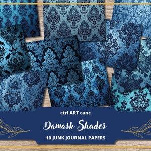 Blue Damask Junk Journal Kit Scrapbook Kit Damask Digital Paper Damask Printable Texture Damask Pattern Damask Background Damask Texture