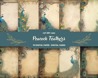 10 Peacock Feathers Printable Paper, Peacock Digital Paper, Junk Journal Paper, Ephemera, Feather Scrapbooking, Collage, Junk Journal Kit