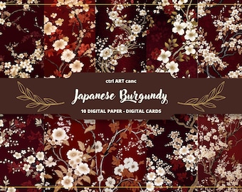 Japanese Burgundy Floral Digital Paper: Scrapbook & Journal (JPEG)