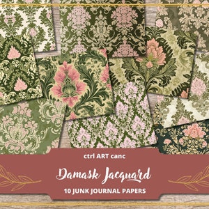 May include: Ten digital papers featuring a damask pattern in shades of green, pink, and cream. The papers are designed for use in junk journals.
