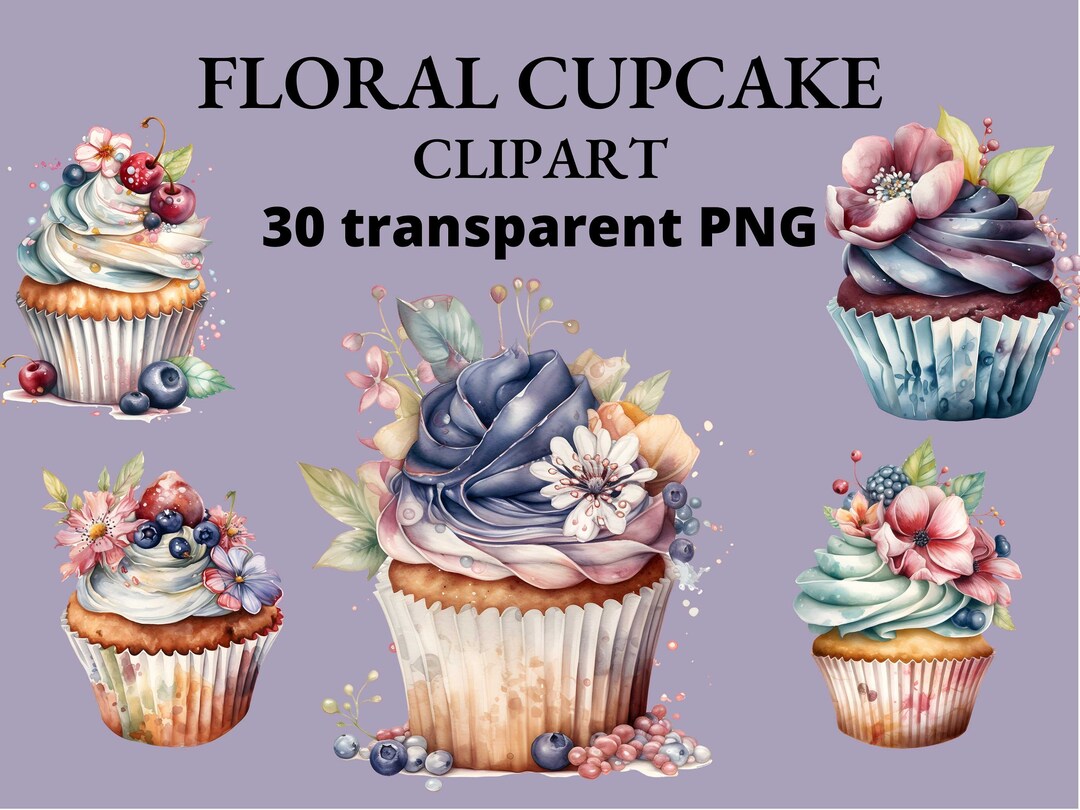 30 Watercolor Floral Cupcake Clipart: Birthday Party PNG Bundle ...