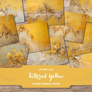 Zerfetztes gelbes digitales Papier, gelbes Journalpapier für Junk Journal, druckbares Papier, zerfetzte Wand, Shabby-Dekor, druckbares Papier, gelber Junk