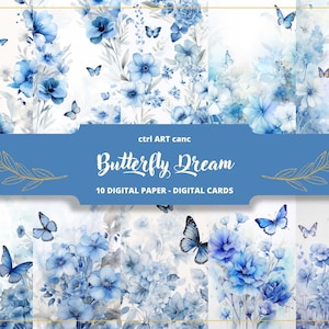Blauwe vlinders digitaal papier, blauwe bloemen dagboekpapier, inpakpapier, uitnodigingspapier, journaling papier, junk journal, knutselpapier