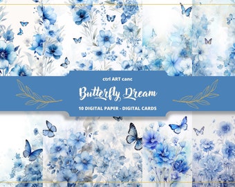 Blue Butterflies Digital Paper, Blue Flowers Journal Paper, Wrapping paper, Invitation Paper, Journaling Paper, Junk Journal, Crafting Paper