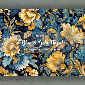 Blue &amp; Gold Floral Printable, Blue and Gold Paper, Journal Kit, Journal ...