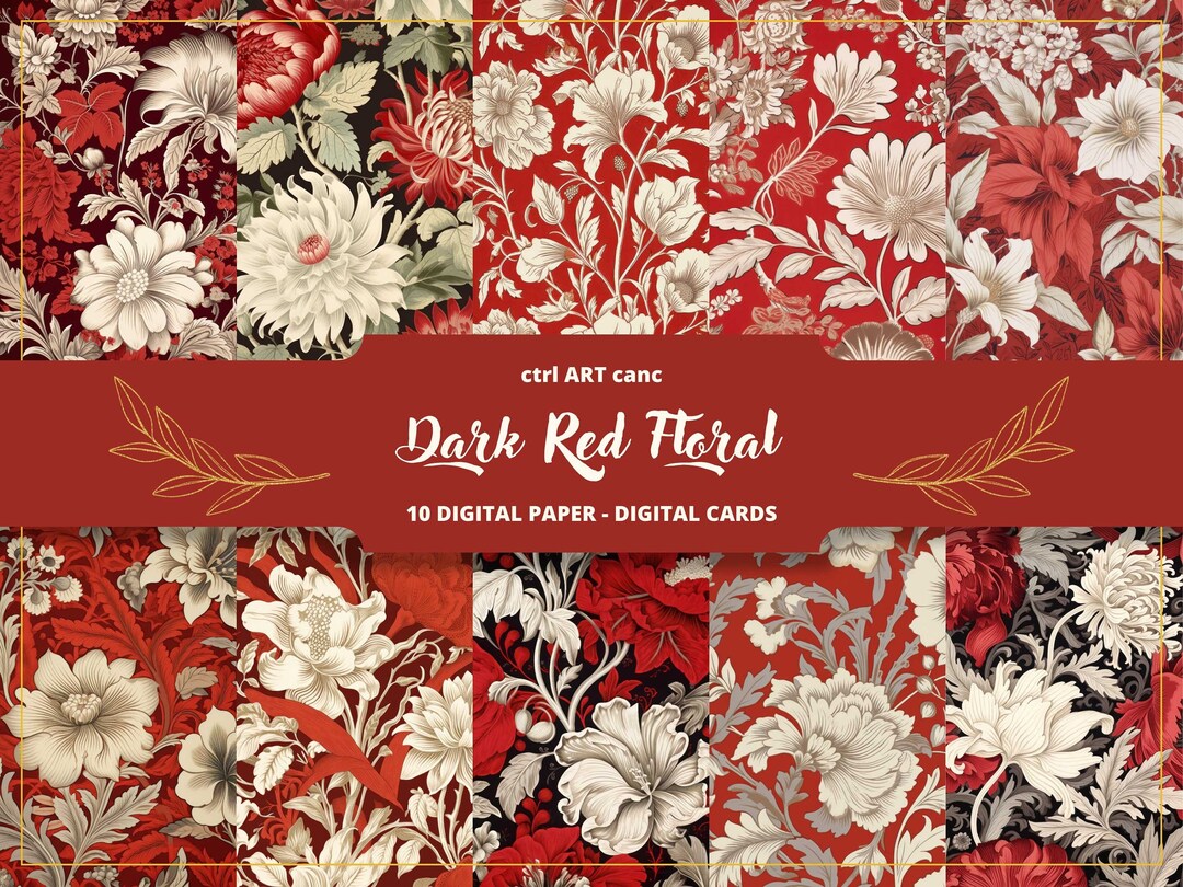 Red Pattern Printable Paper Dark Red Floral Printable: Vintage Scrapbook Paper (digital Download ...