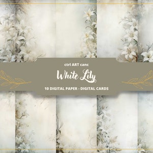 Papel digital de lírio branco, papel para convite floral de casamento, papel digital, página de diário de lixo, papel de carta, álbum de recortes, colagem, diário de lixo
